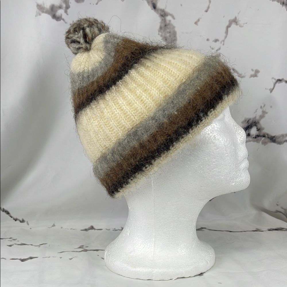 Hilda LTD Icelandic Wool Beanie Vintage Pompom Striped Earthtones Winter Ski Cap